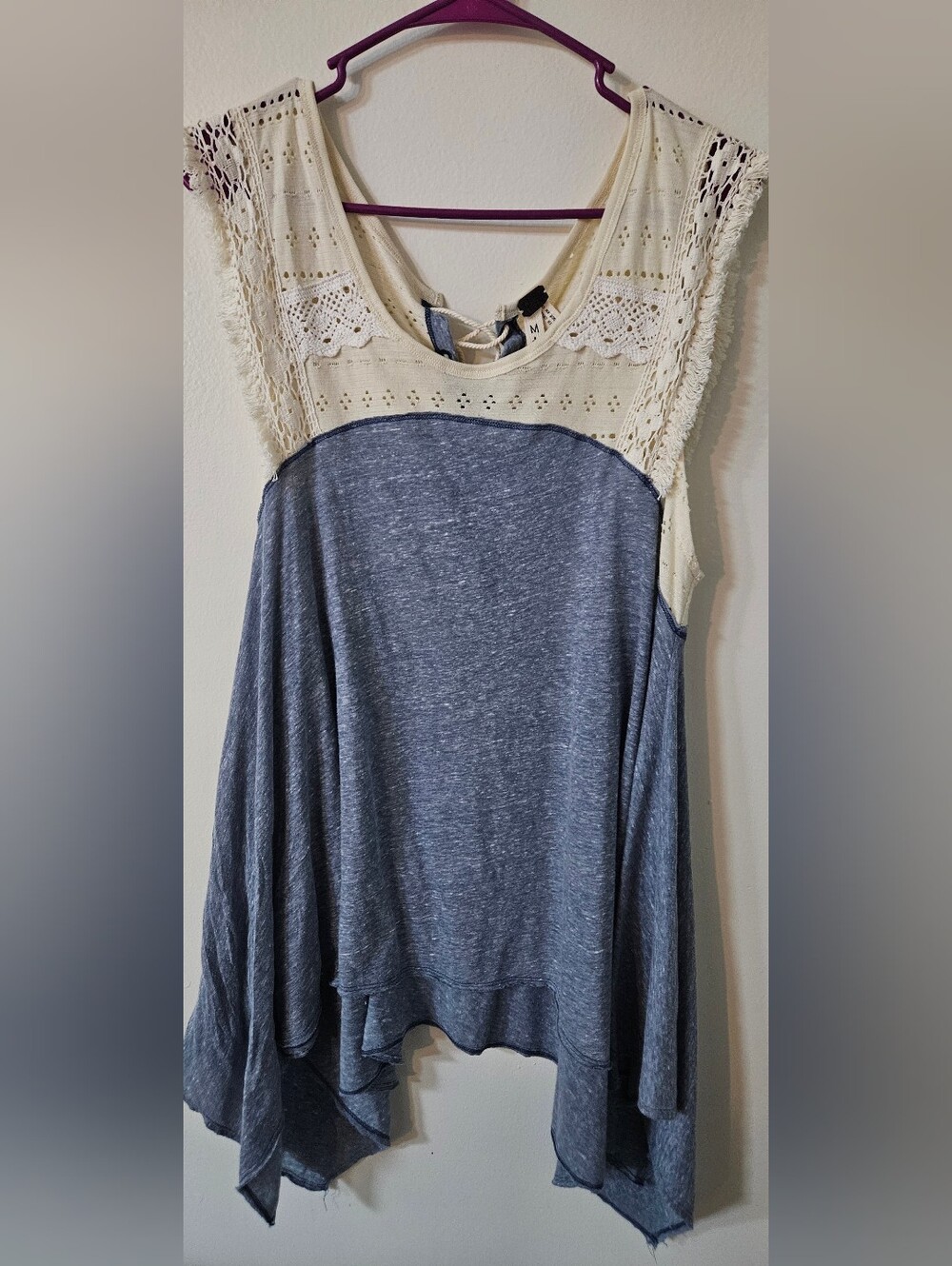 We The Free Heather Blue Tank with Cream Crochet Yoke. Boho, Cottage, Coastal